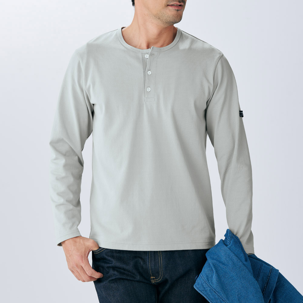 ゼロトルク撚糸･強撚超長綿ヘンリーネック長袖Tシャツ