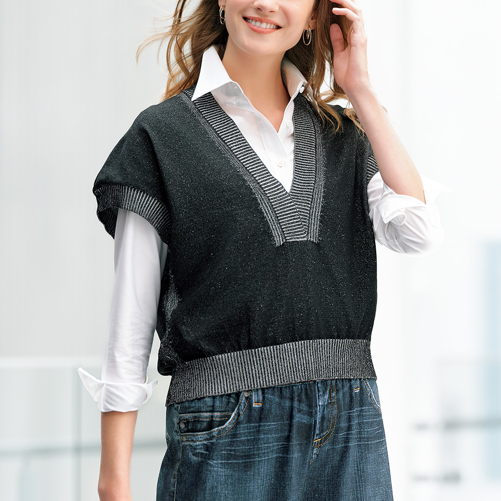 Vネック配色ニットベスト