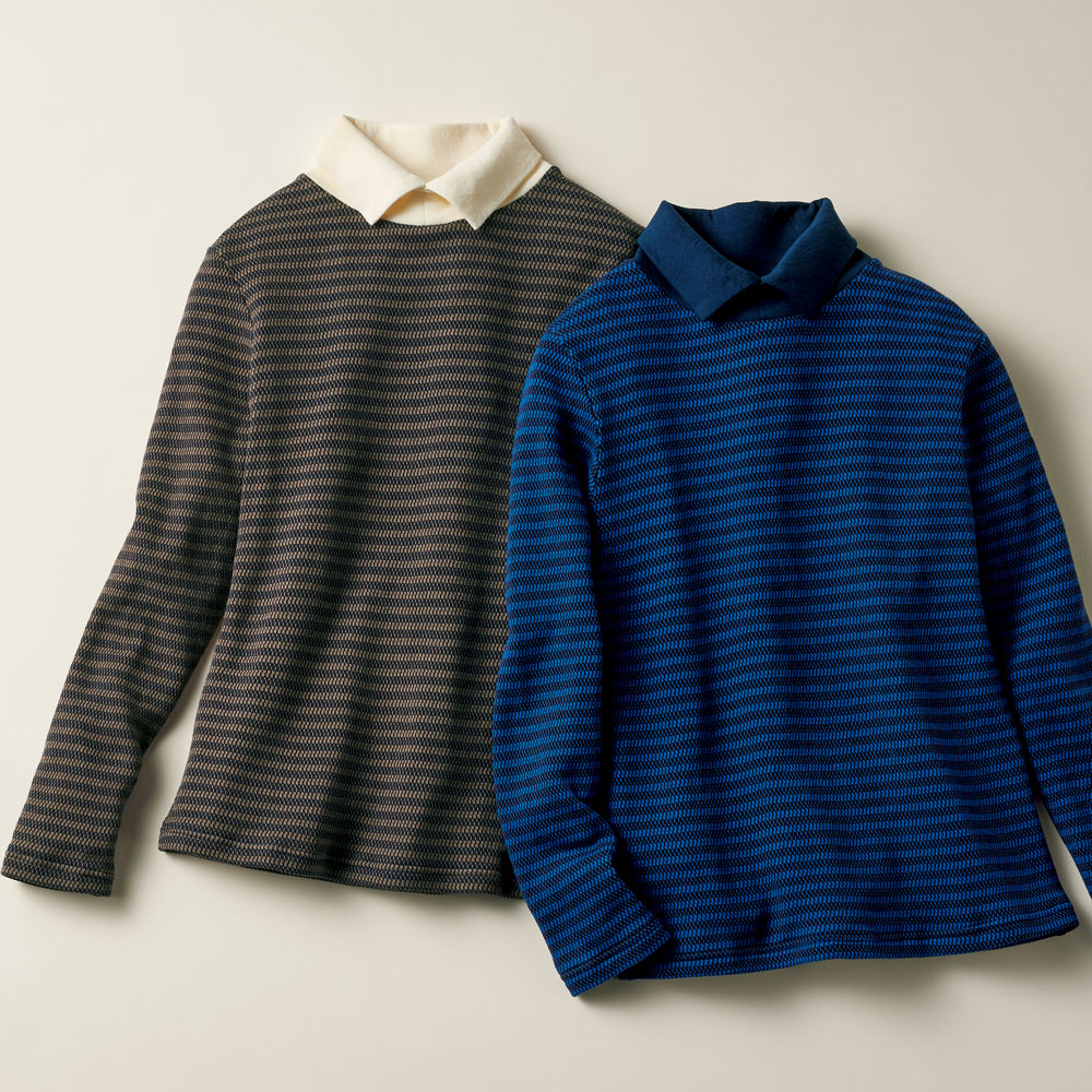 コットンポロ襟ボーダープルオーバー