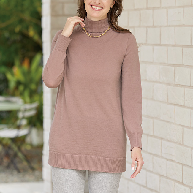 ウォッシャブルウールチュニック丈セーター