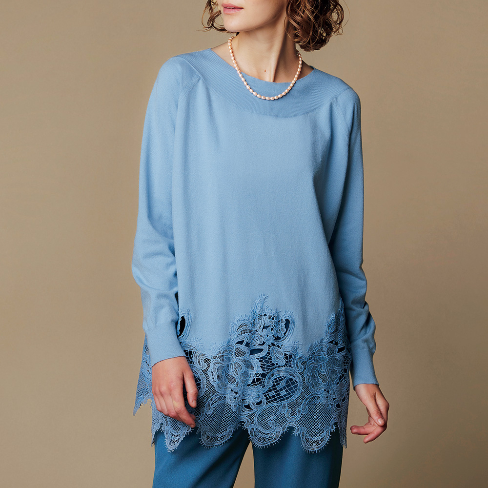 高級イタリア製　オスカリート　ブルーレースチュニック風ニット 高級イタリア製 オスカリート ブルーレースチュニック風ニット