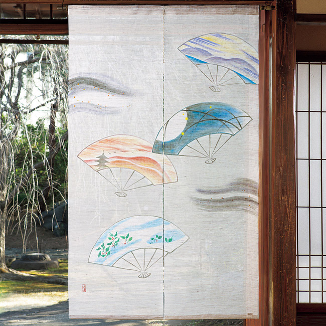 手描きのれん「枕草子扇面図」