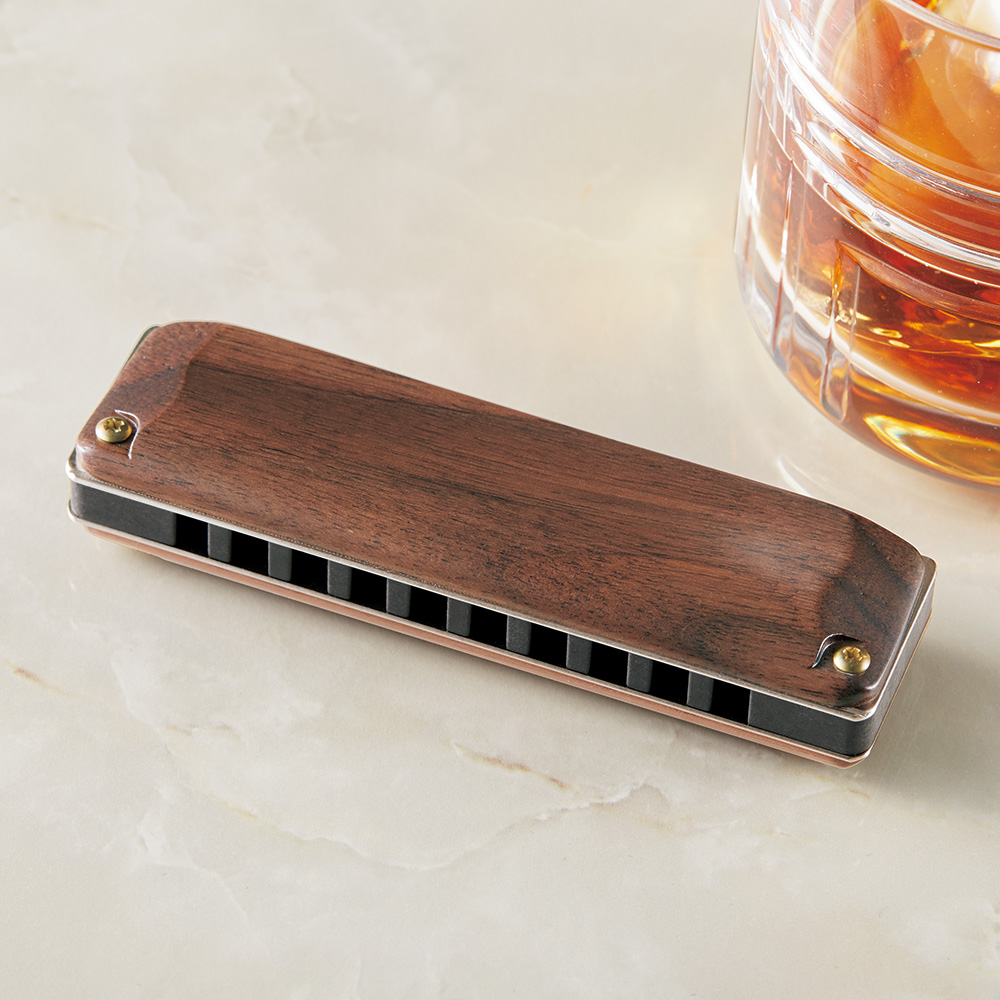 木製カバーの10穴ハーモニカ／教則本付