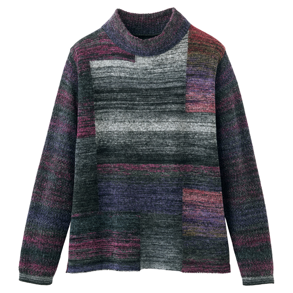 絣糸使いパッチワーク風ハイネックセーター
