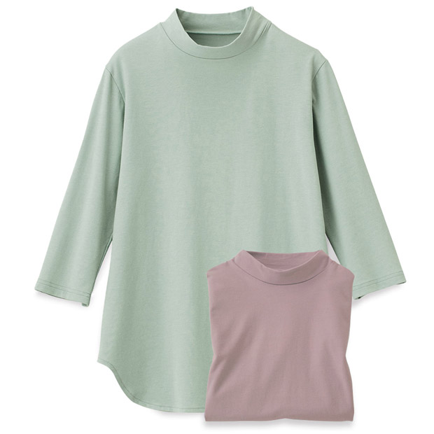 ベントクールハイネック七分袖チュニックTシャツ／2色セット