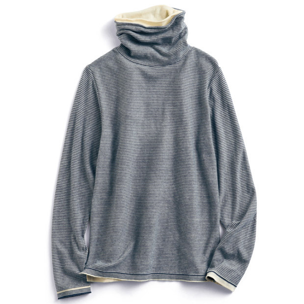 裏編み二重襟ボーダータートルプルオーバー