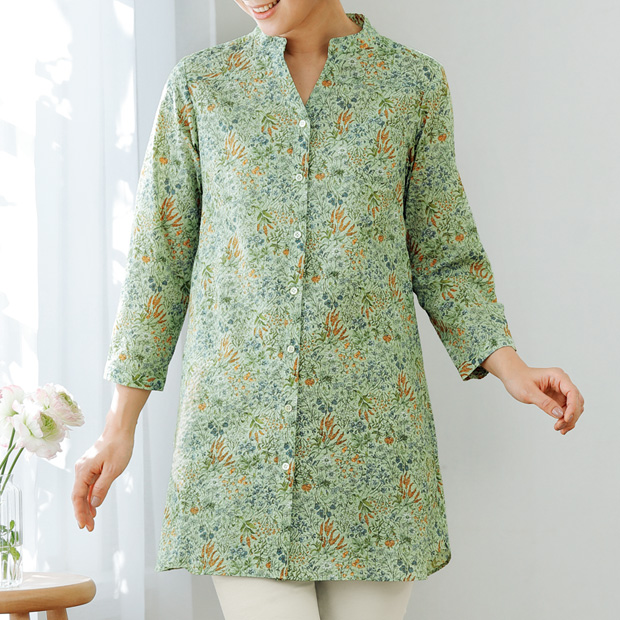 コットン花柄プリントロングシャツ