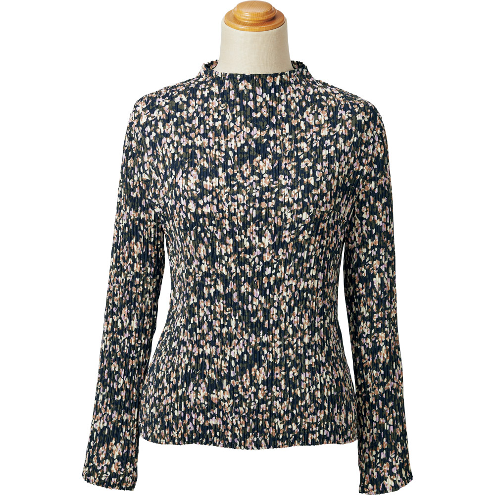 クリスタルプリーツ･小花柄ボトルネックプルオーバー