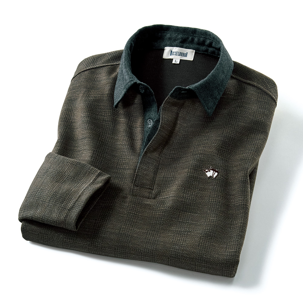 ウール混ジャカード・長袖ポロシャツ