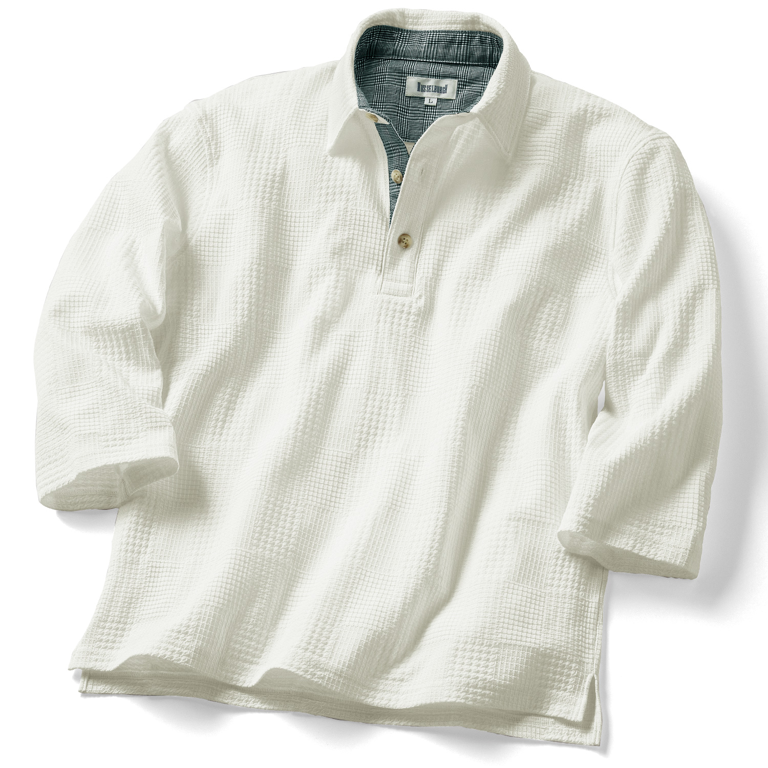 リンクス編みグレンチェック七分袖ポロシャツ