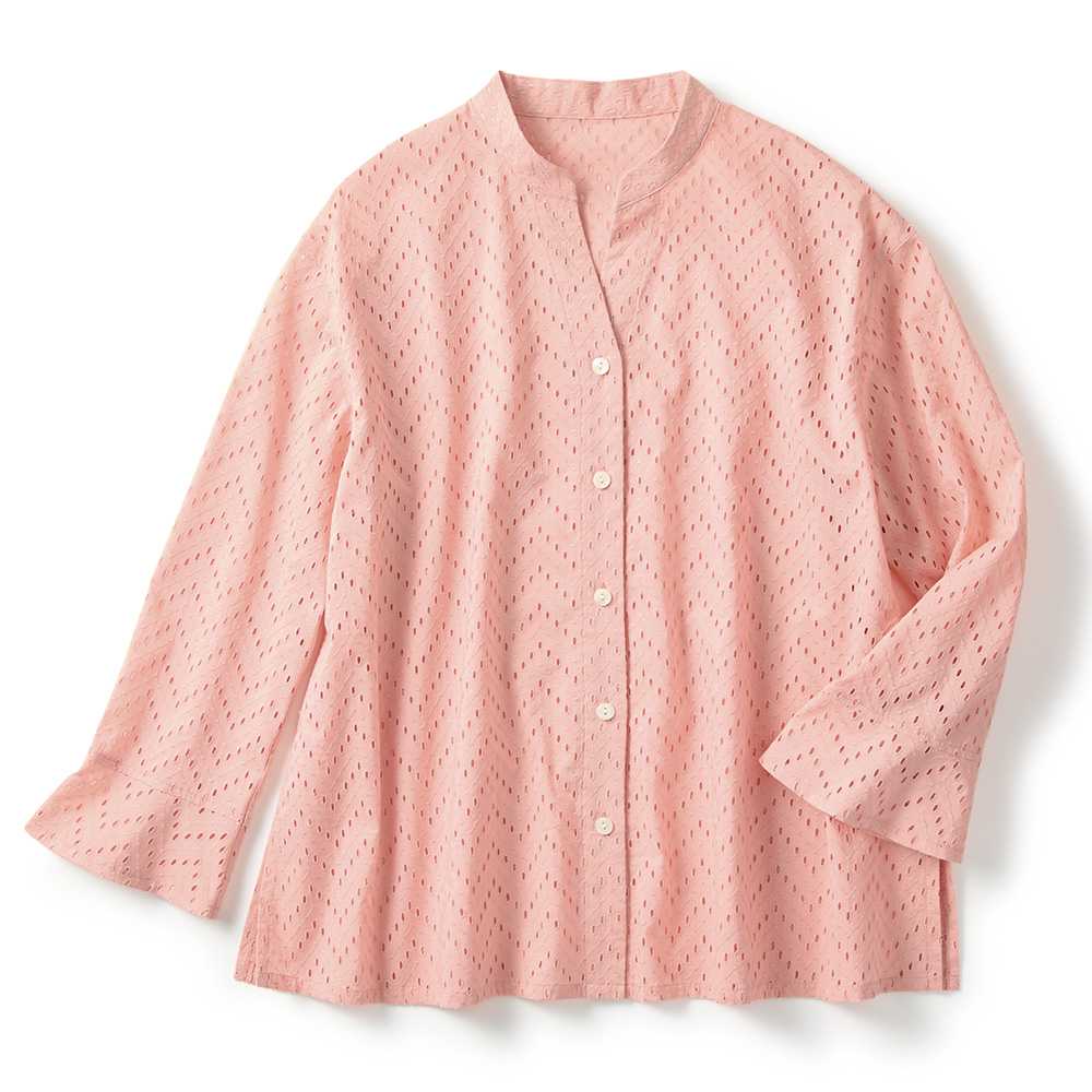 コットンレースキーネックブラウス