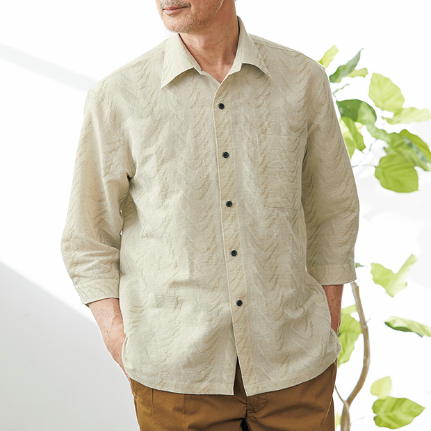 近江の麻･松の葉縞ジャカード七分袖シャツ
