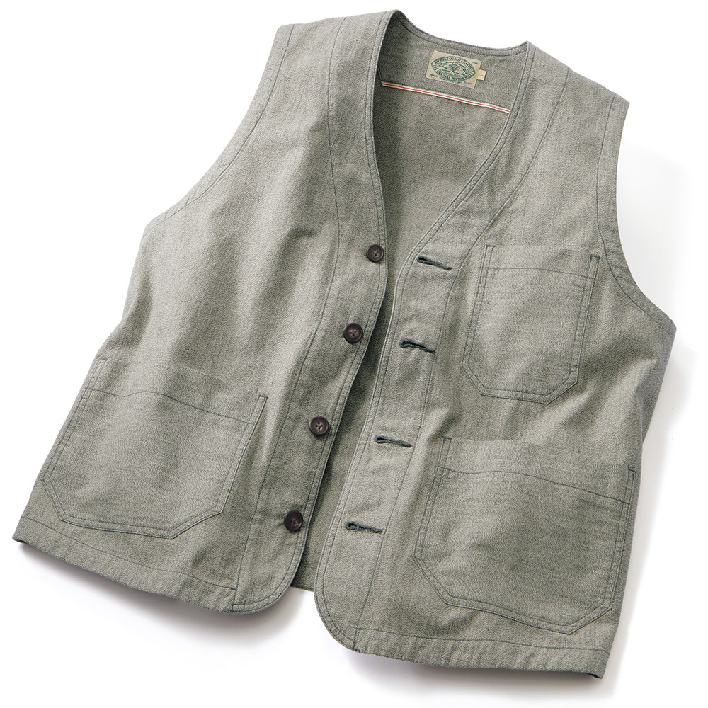 播州織シャトル織機の撚り杢ベスト