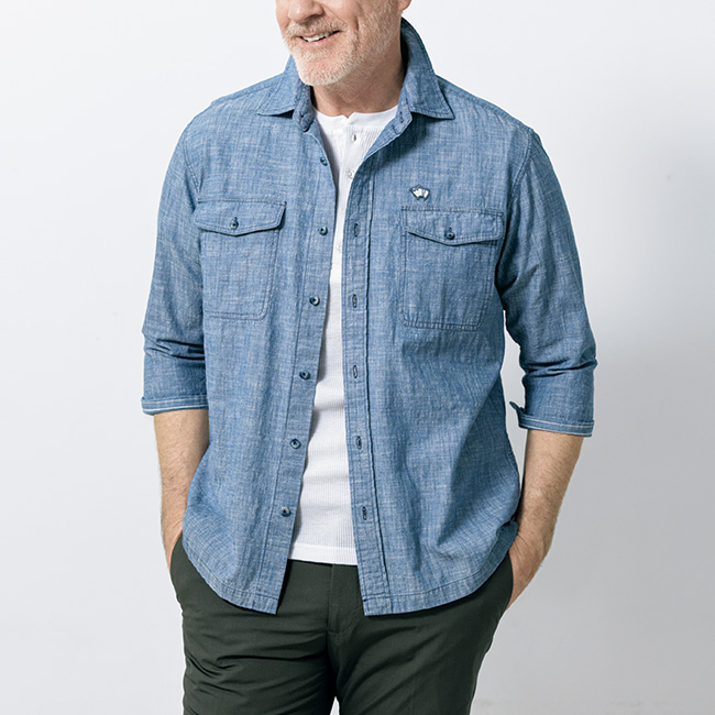 大人のブリーチドダンガリー七分袖シャツ／メンズ