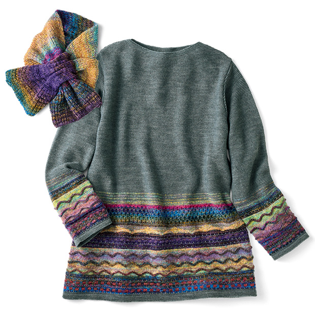 ウール混絣糸使いマフラー付きセーター