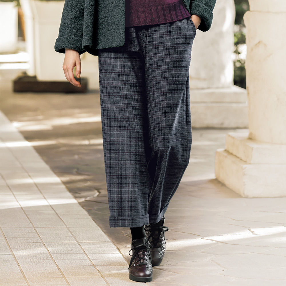 チェック裾ダブル八分丈パンツ