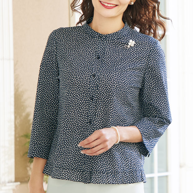 綿ミラクルウェーブ変形水玉柄ブラウスジャケット