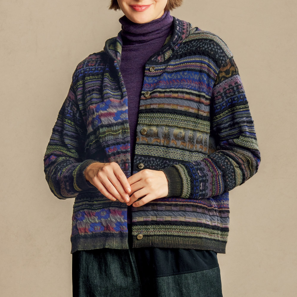 フード付きジャカードカーディガン