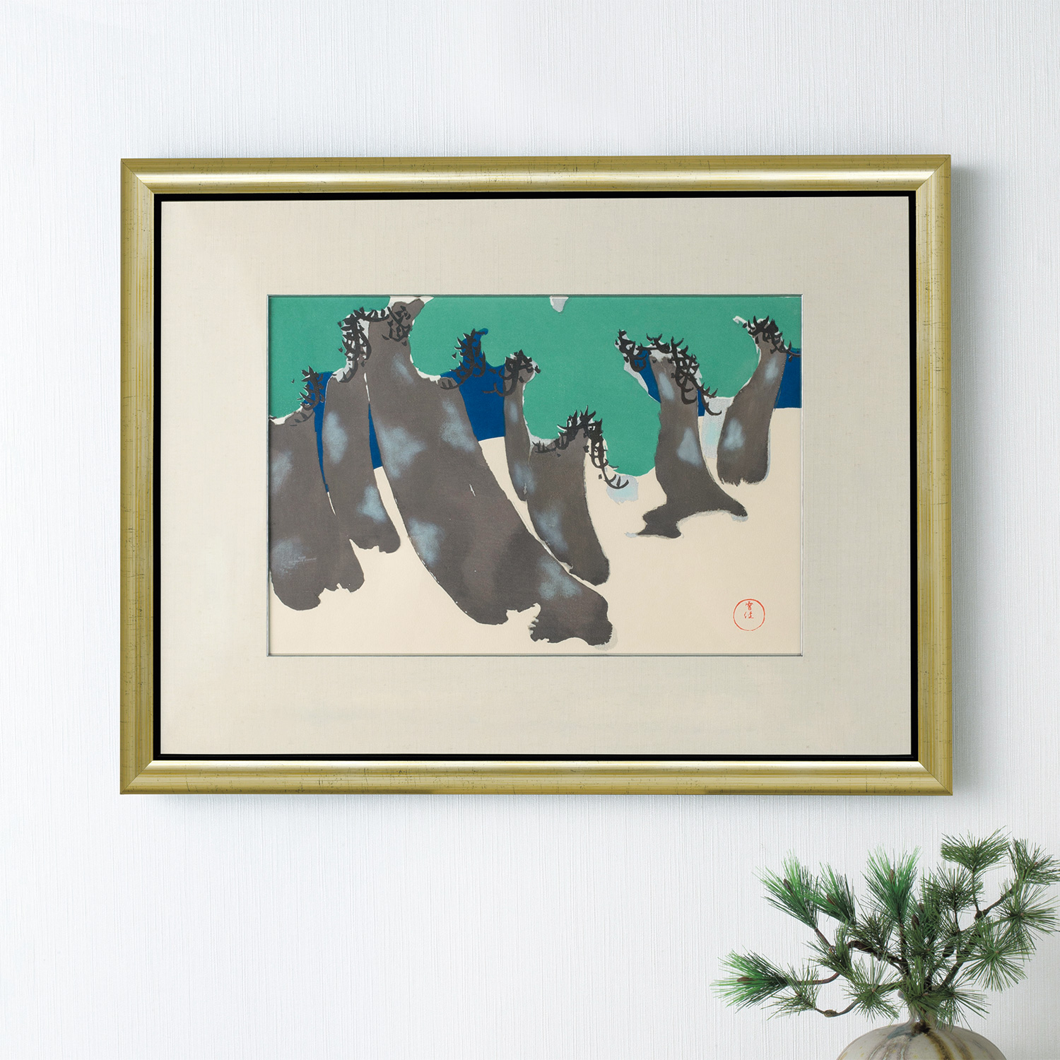 希少】神坂雪佳「磯馴松」手刷り木版画 額装品 日本画 美術品 版画 
