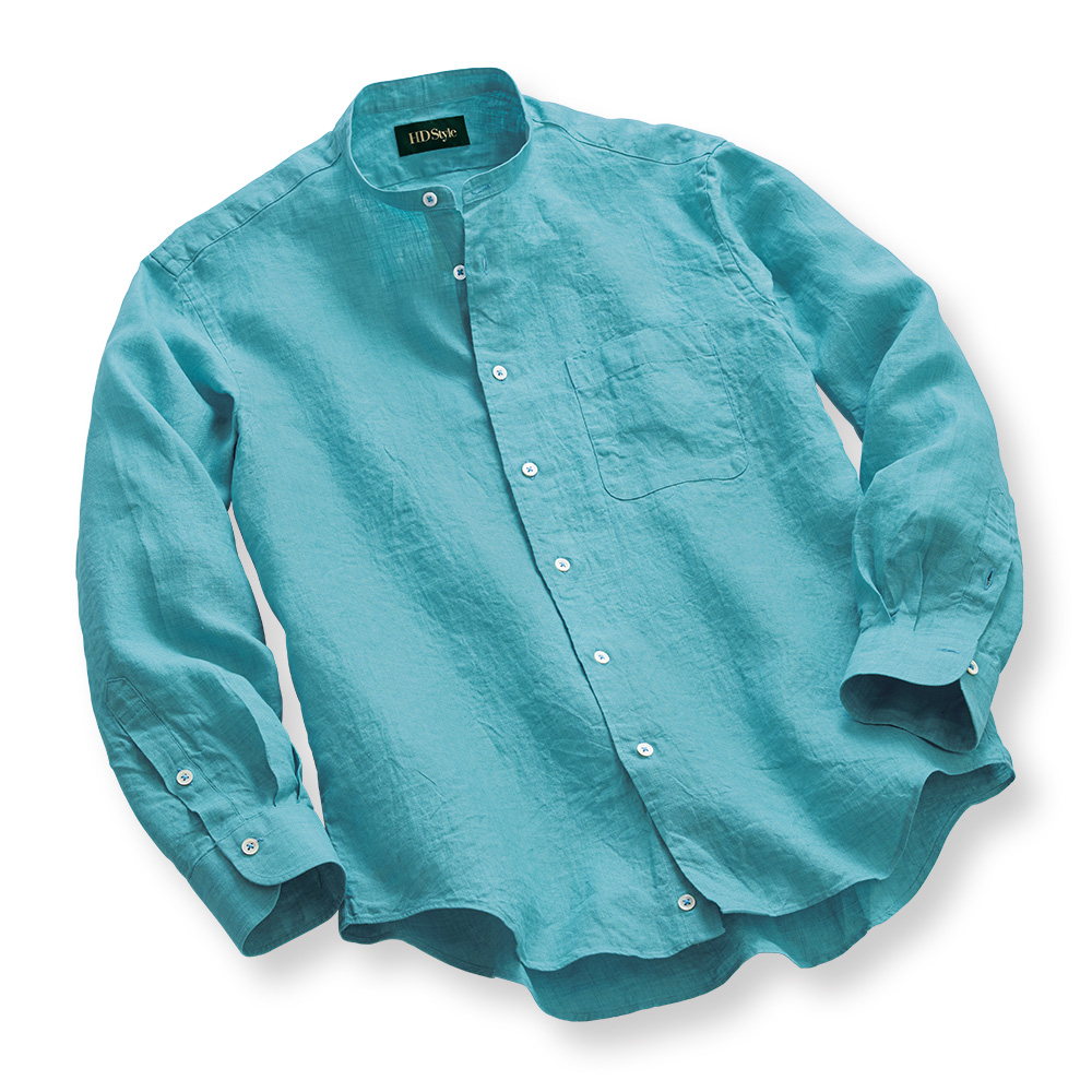 洗えるフレンチリネンのバンドカラーシャツ