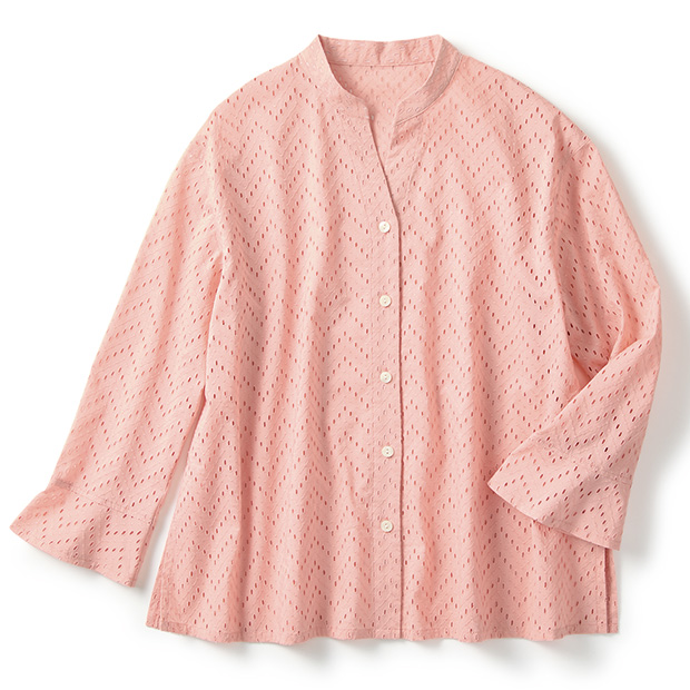 コットンレースキーネックブラウス