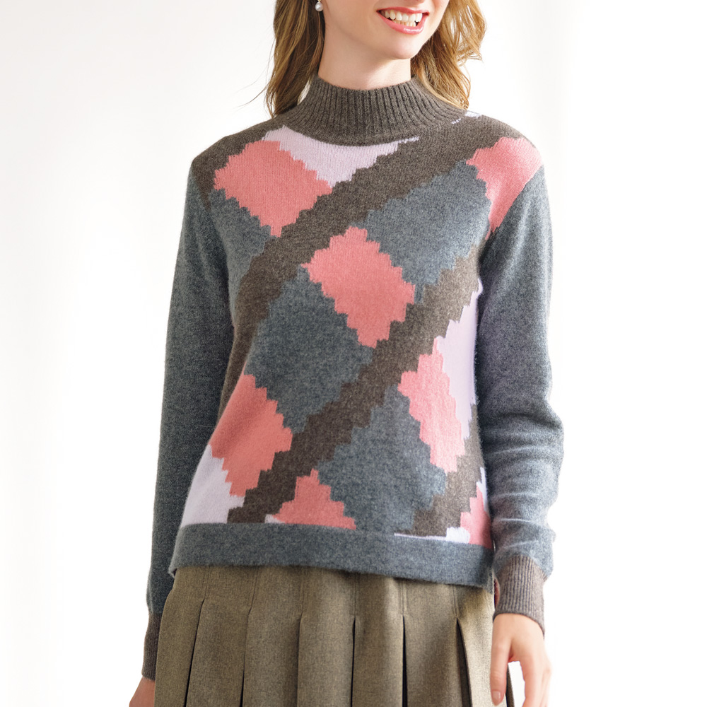 配色使いカシミヤハイネックプルオーバー