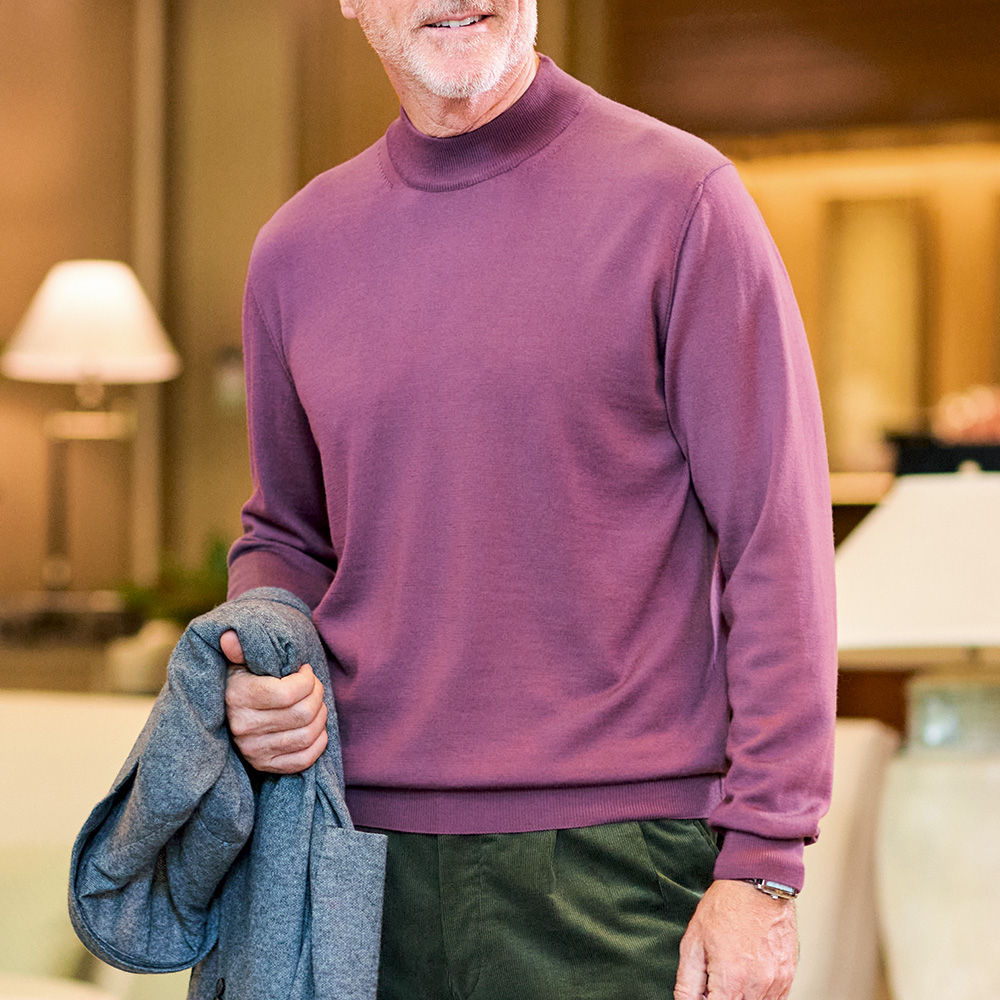 三子撚りウールの14ゲージ・モックネックセーター