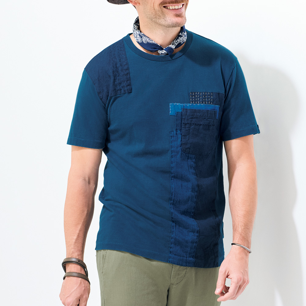手染めインディゴ･手刺しパッチワークTシャツ