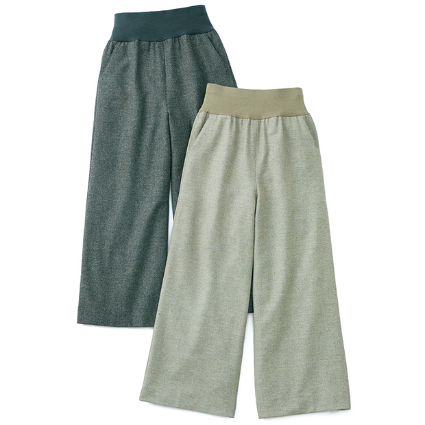 ウエストニットの尾州ウール混ツイードのワイドパンツ