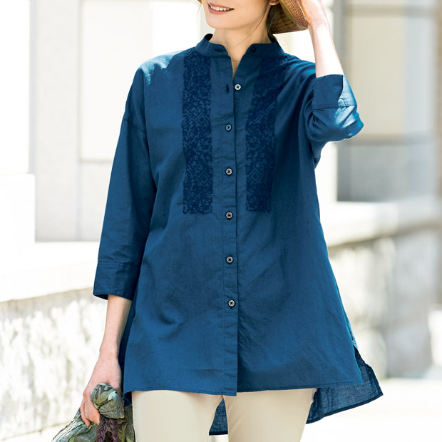 コットンリネン･バンドカラーブラウス