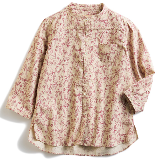 綿麻ボタニカル七分袖スタンドシャツ