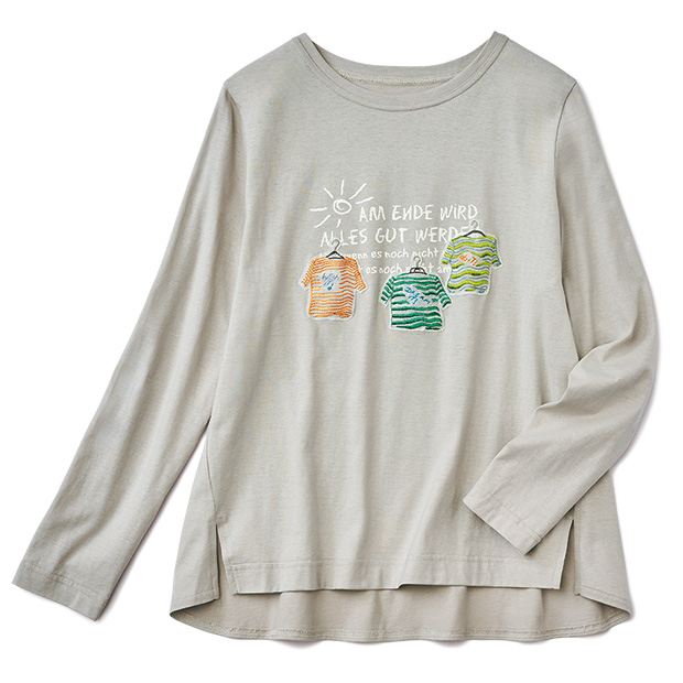 アップリケ八分袖Tシャツ