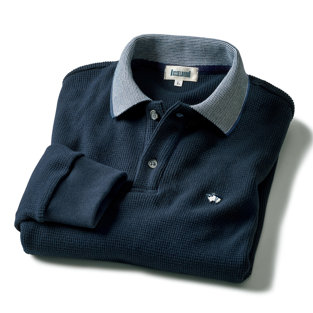 旧式編機の畦編み長袖ポロシャツ