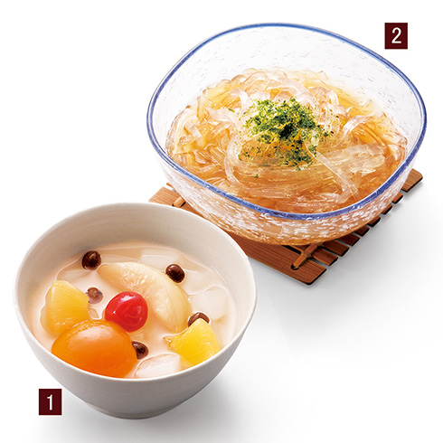 1.葛みつ豆、2.ところてん(だし酢醤油)
