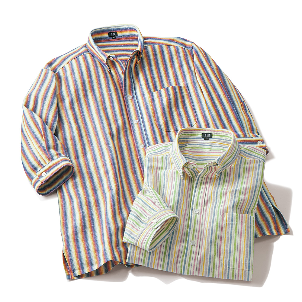 遠州木綿の隠しB.D.七分袖シャツ