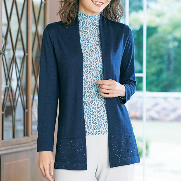 裾スパンコールウールカーディガン