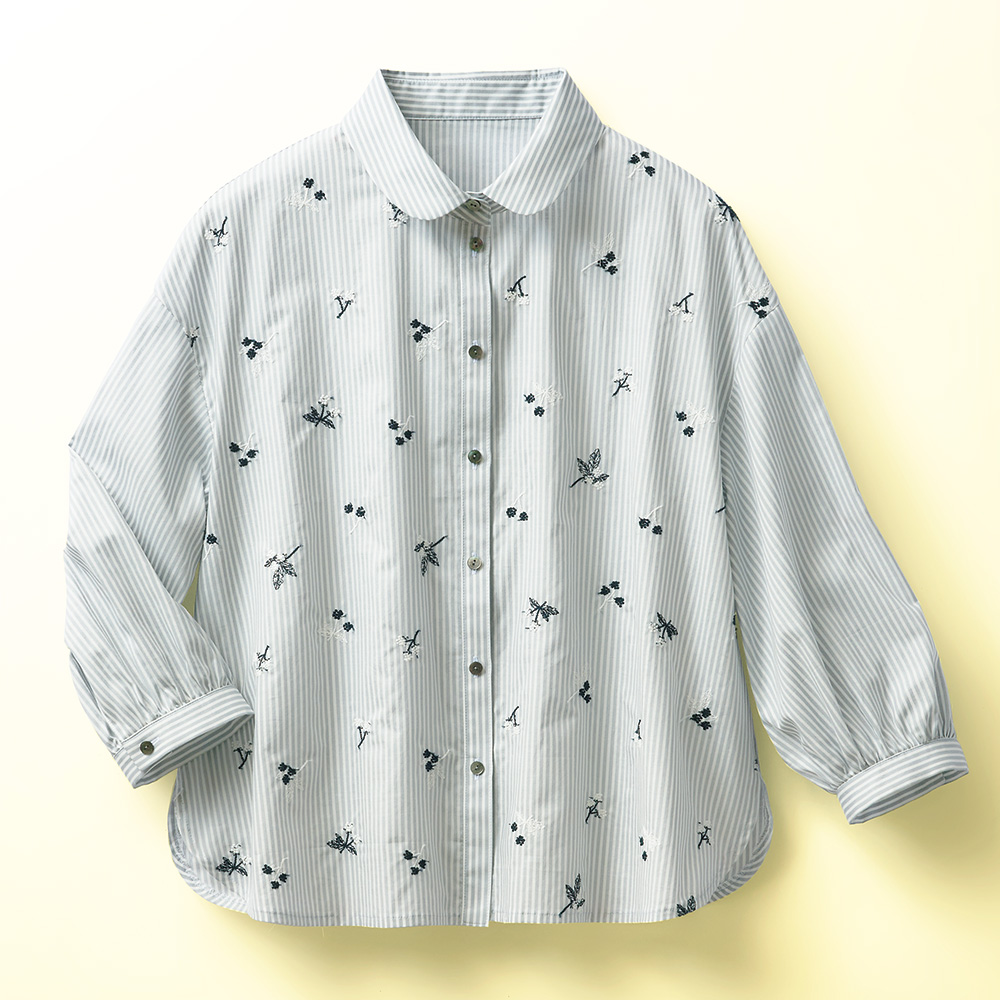 小花刺しゅう入りストライプブラウス