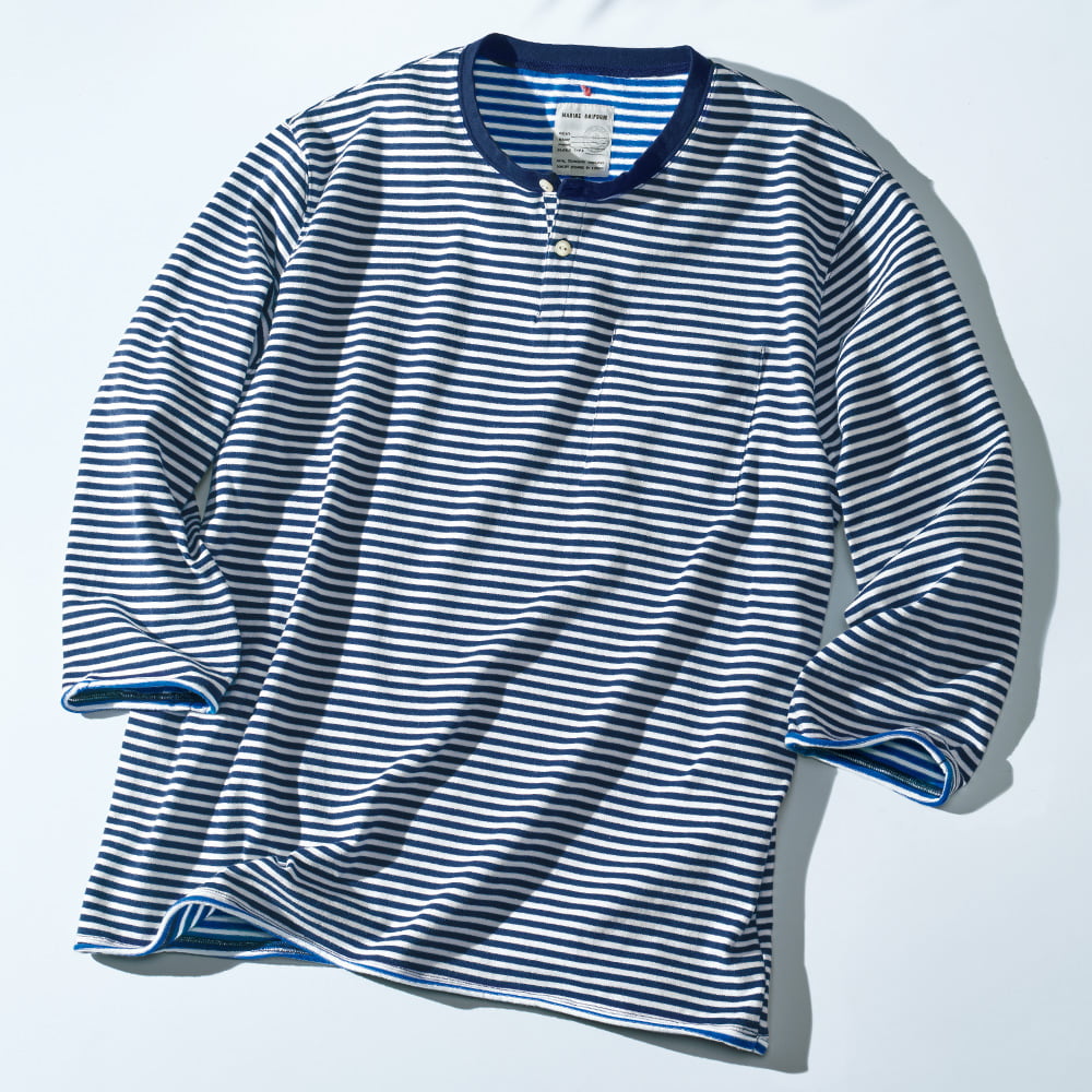 プレーティングボーダー七分袖ヘンリーTシャツ