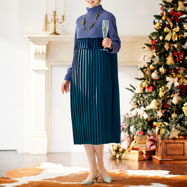 配色切替プリーツワンピース