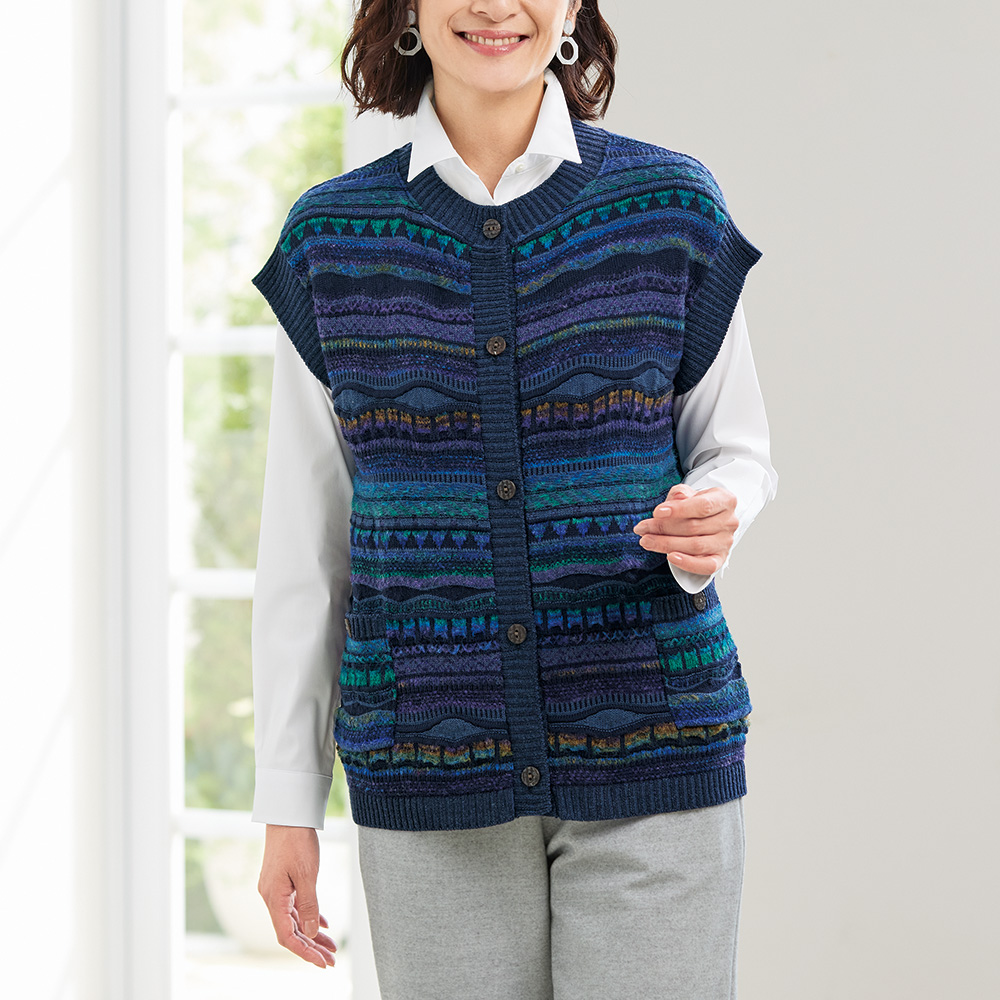 絣糸使い前開きフレンチ袖ベスト