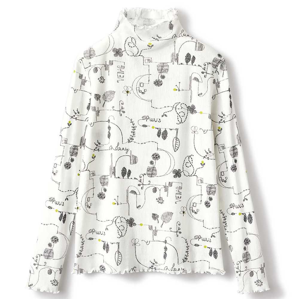 プリントコットンチュールボトルネックプルオーバー