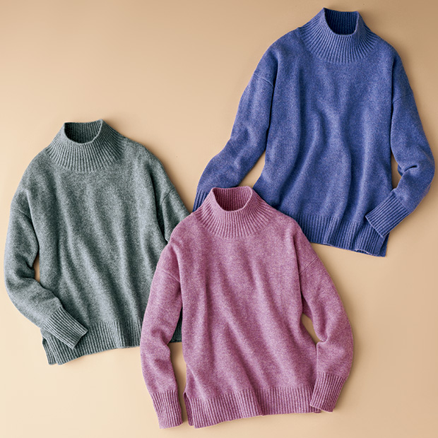 洗えるカシミヤスタンドカラープルオーバー