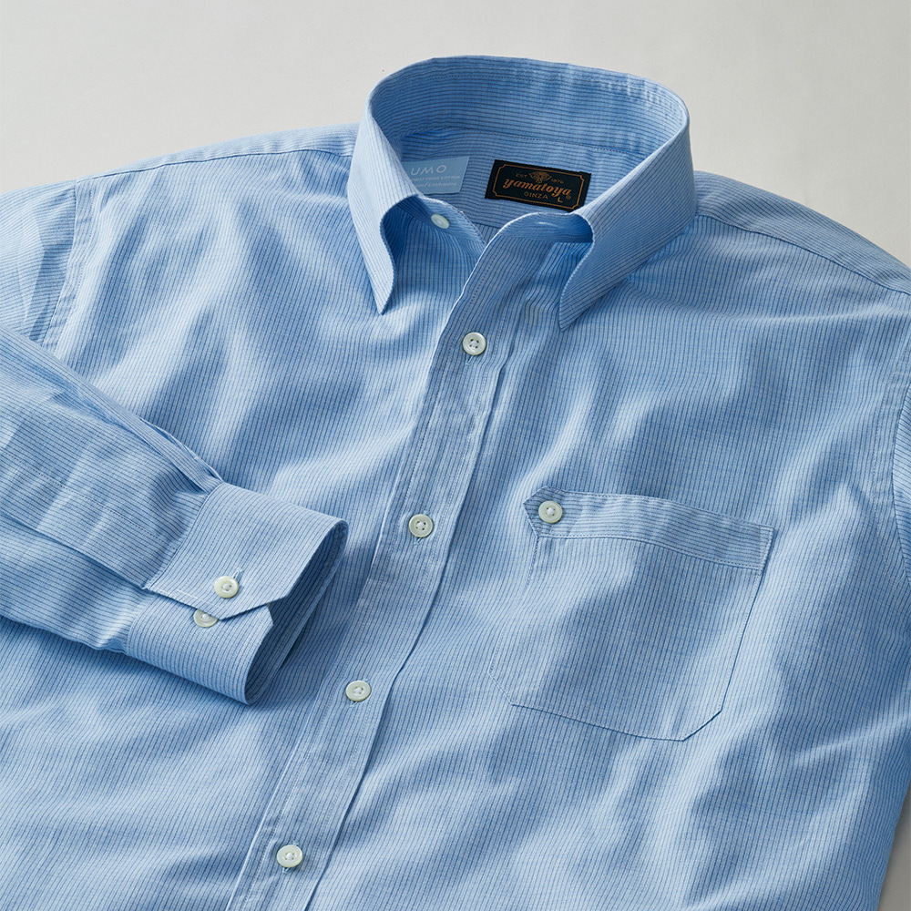 舶来カシミヤ混生地で仕立てたスナップB.D.シャツ