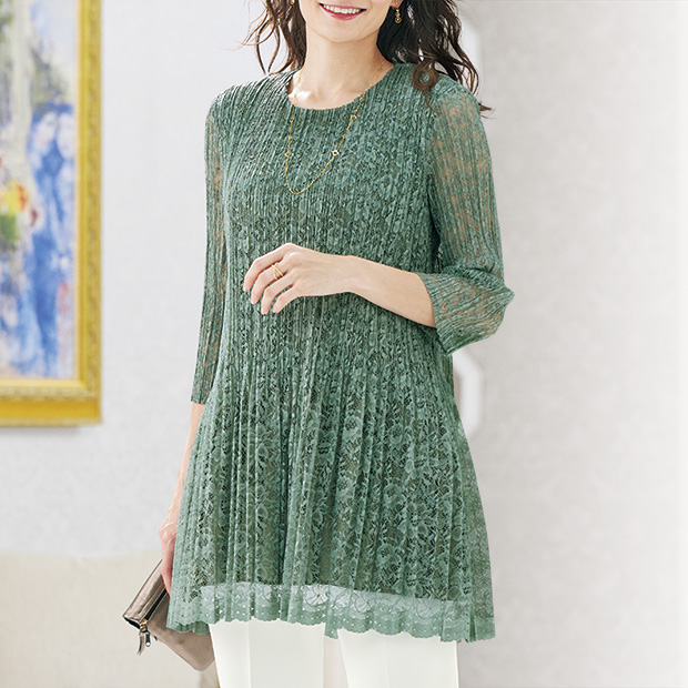 クリスタルミックスプリーツ･レースチュニック