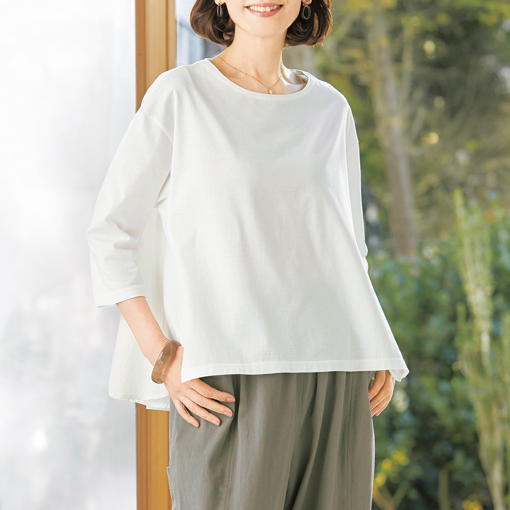 布帛使いのデザインTシャツ／七分袖