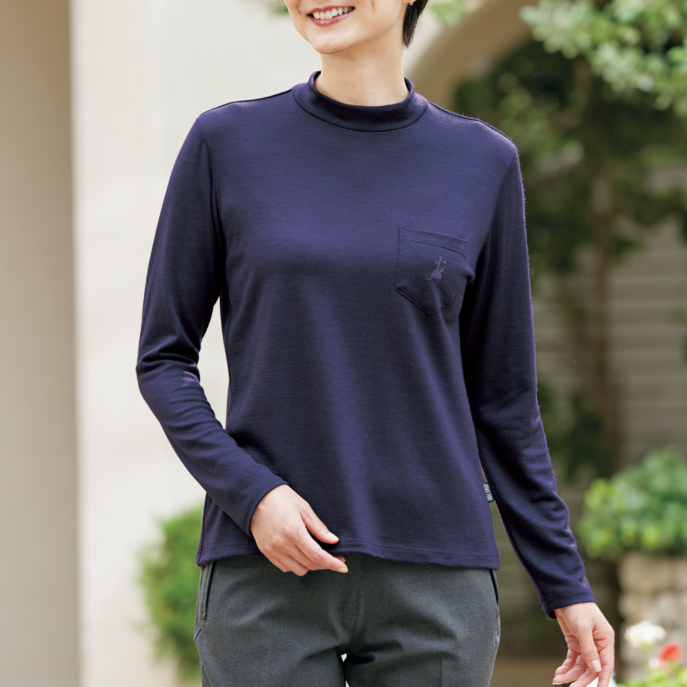 ウォッシャブルウール・ハイネック長袖Tシャツ