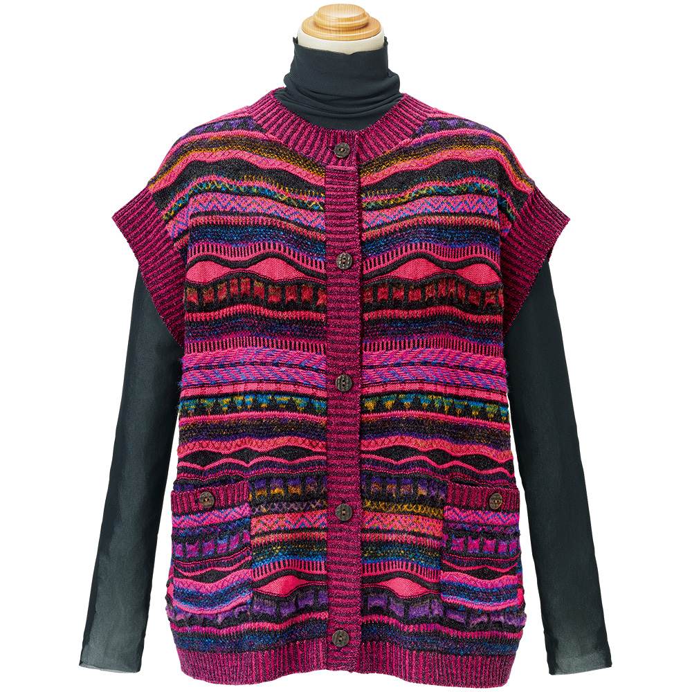 絣糸使い前開きフレンチ袖ベスト