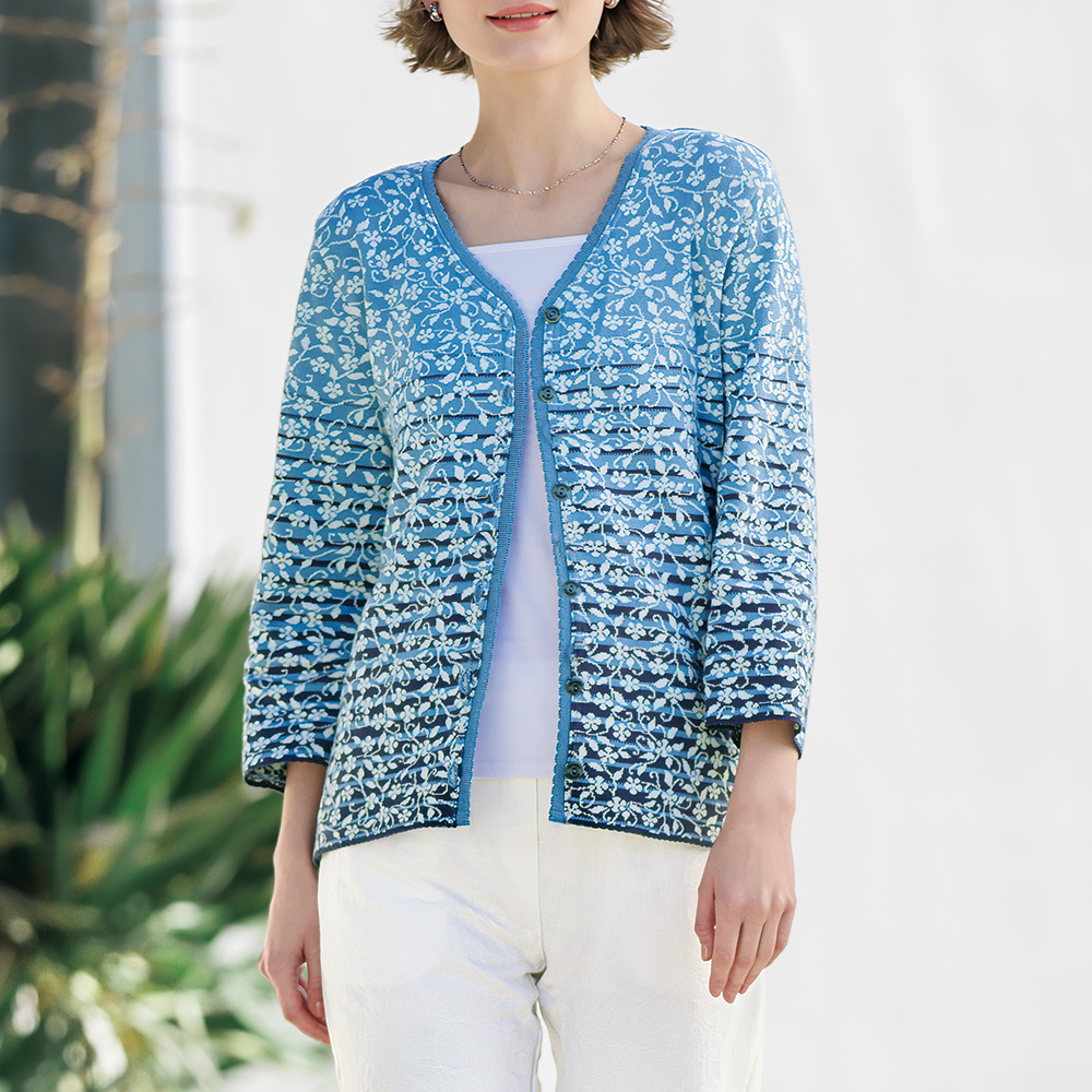 コットンジャカード七分袖カーディガン