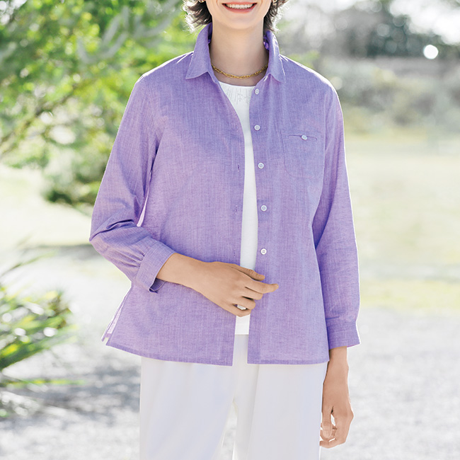 綿麻混シャンブレー調シャツブラウス