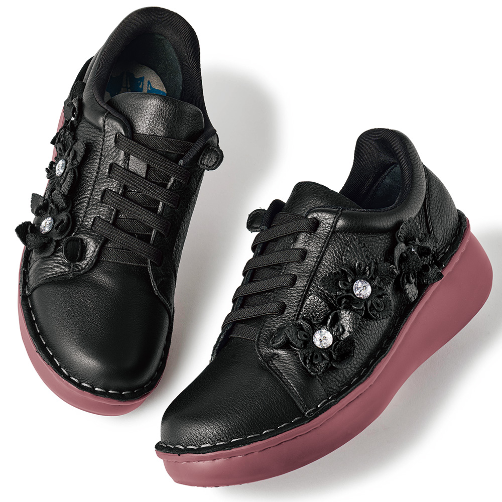 レザーフラワーゴム紐スニーカー